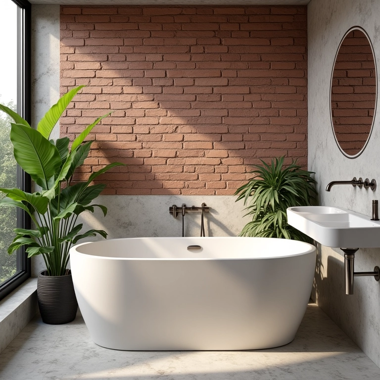 Banheiro elegante com parede de tijolinho aparente e plantas brasileiras.