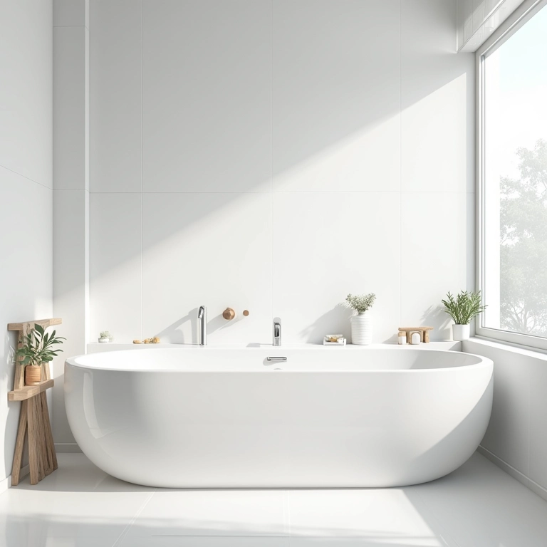 Banheiro moderno com azulejos brancos recém-pintados e decoração minimalista.