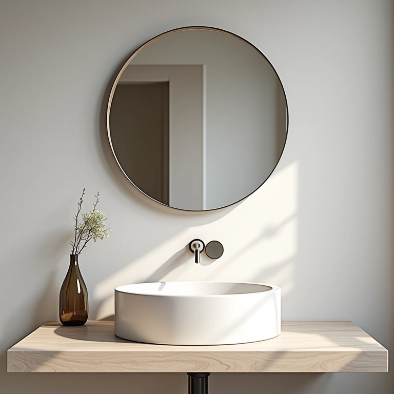 Banheiro moderno com espelho estiloso sobre a pia, funcionalidade e elegância.