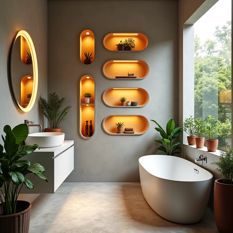 Banheiro moderno com nichos decorativos e organizacionais, estilo brasileiro.