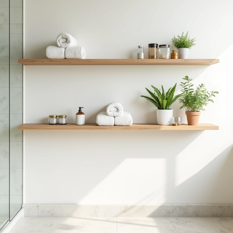 Banheiro organizado com prateleiras de madeira, toalhas e plantas.