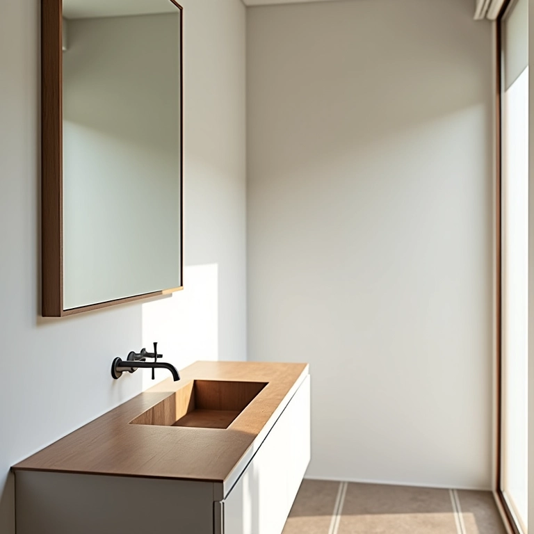 Banheiro pequeno com espelho grande para ampliar visualmente o espaço.