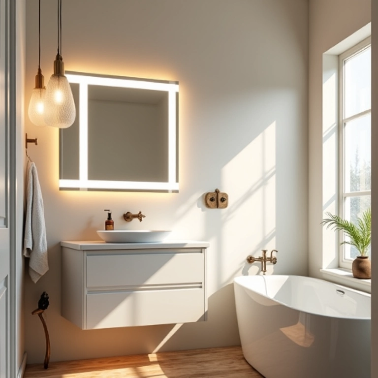 Banheiro pequeno com iluminação estratégica e espelho com LED.