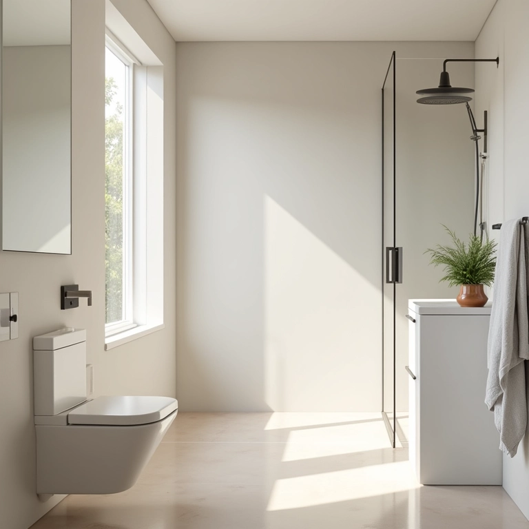 Banheiro pequeno com paleta de cores claras para ampliar o espaço.