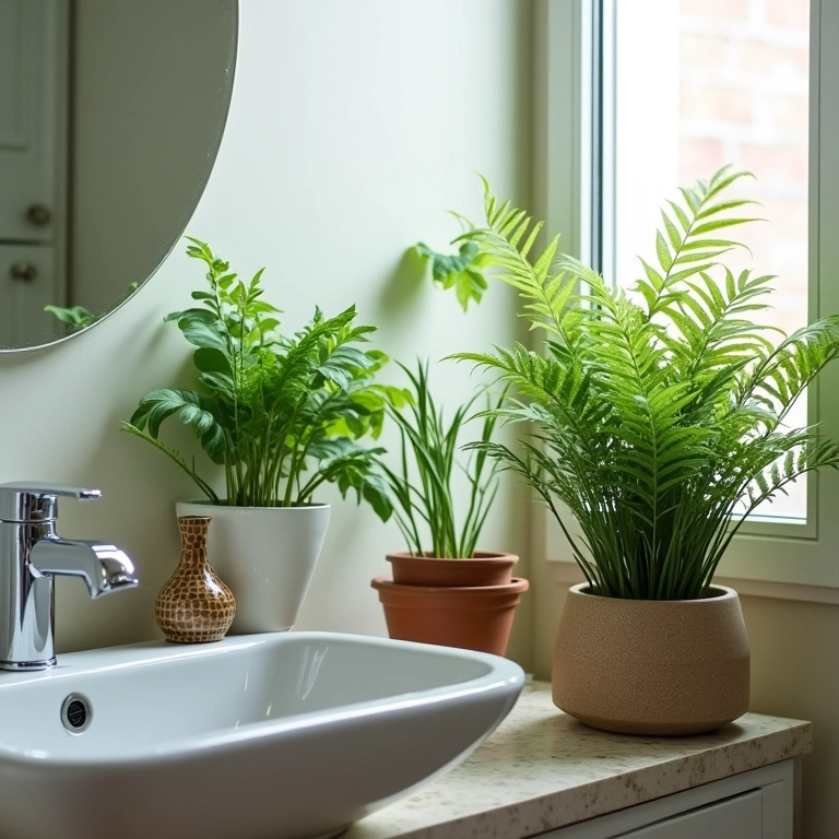Banheiro pequeno com plantas para um toque de vida e frescor.