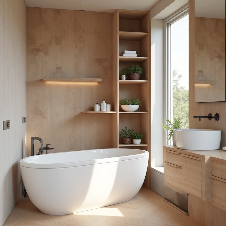 Banheiro pequeno com prateleiras flutuantes e soluções inteligentes de espaço.