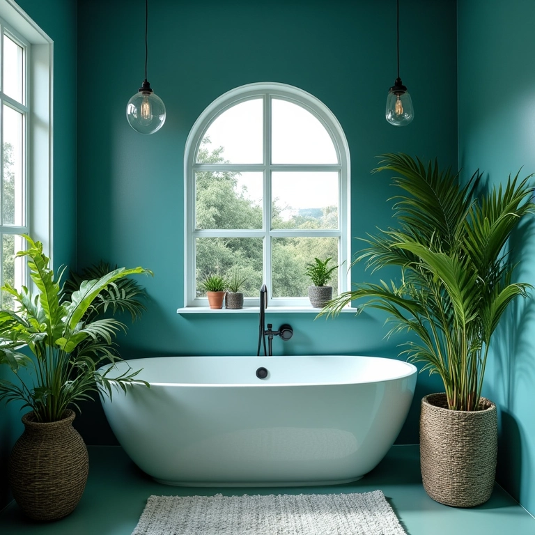 Banheiro relaxante com tons de azul e decoração brasileira.