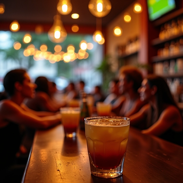 Bar movimentado em São Paulo com pessoas diversas aproveitando drinks.