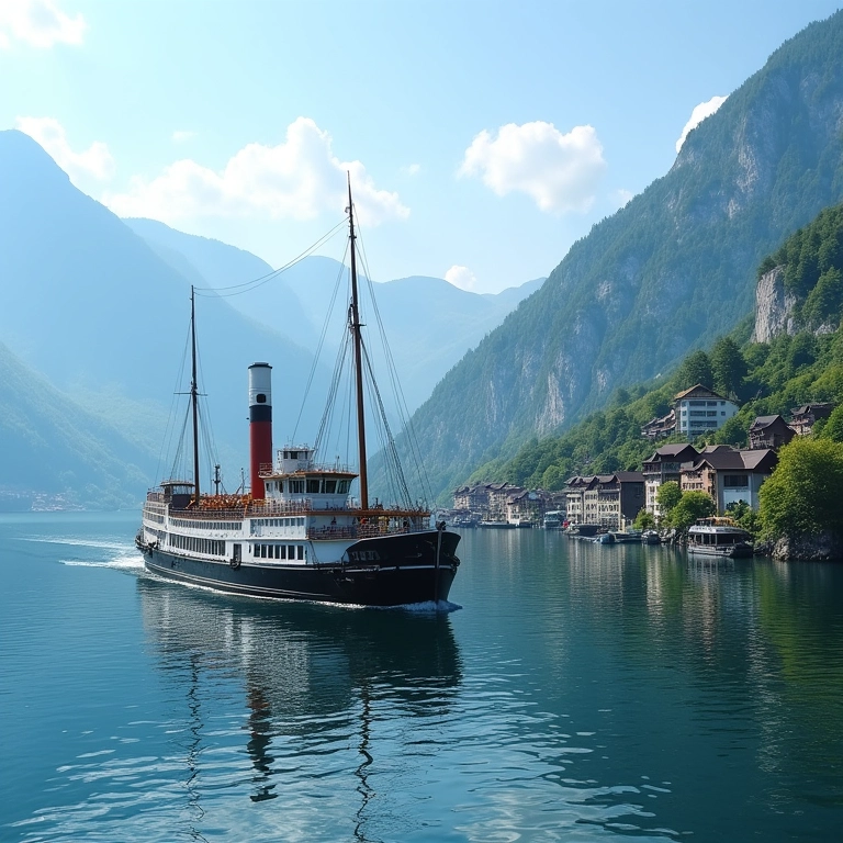 Barco a vapor histórico navegando no Lago Lucerna.
