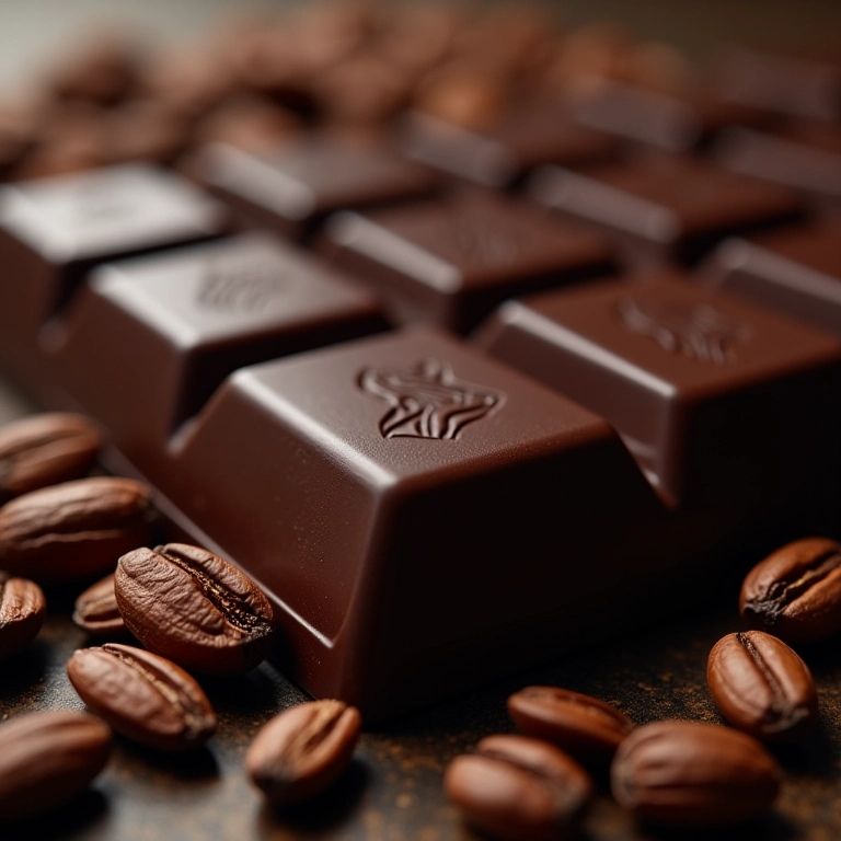 Barra de chocolate amargo com nibs de cacau, iluminada com luz natural.