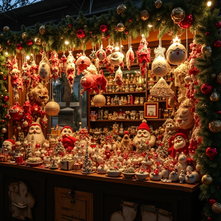 Barraca de mercado de Natal repleta de artesanato, luzes quentes e vendedores brasileiros diversos.