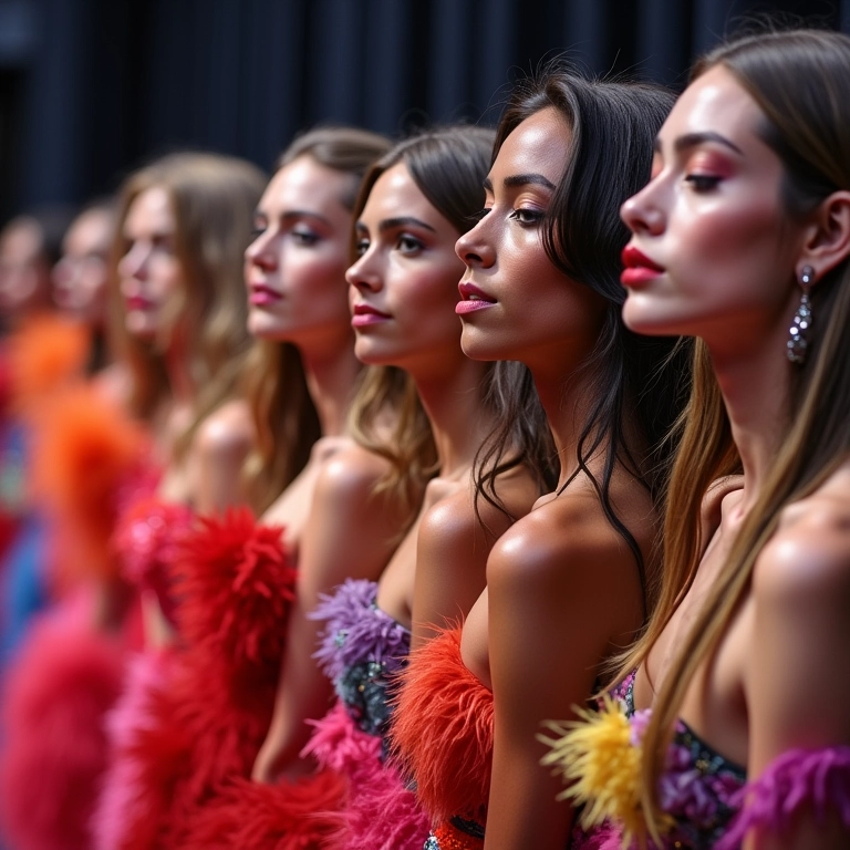 Bastidores do Victoria's Secret Fashion Show com modelos diversas se preparando.