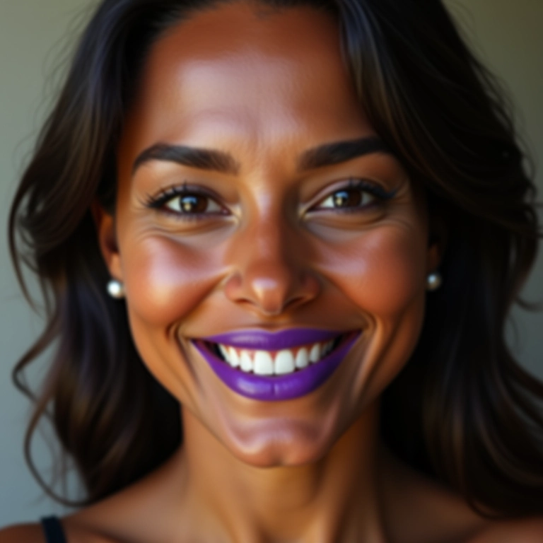 Batom roxo cremoso em mulher brasileira, sorriso radiante.