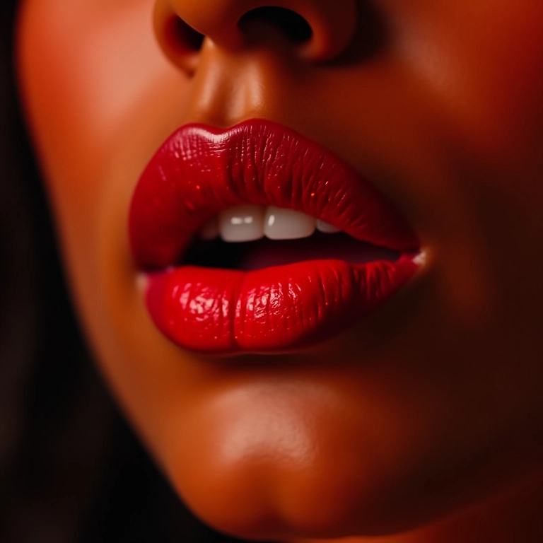 Batom vermelho com glitter para um visual ousado e festivo.