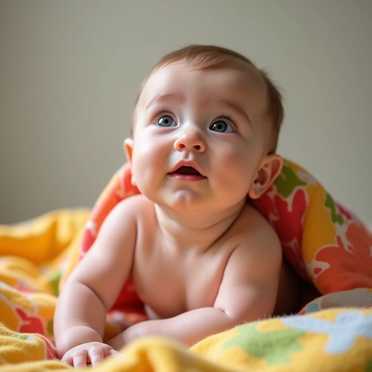 Bebê praticando 'tummy time' para fortalecer o pescoço e aprender a sustentar a cabeça.