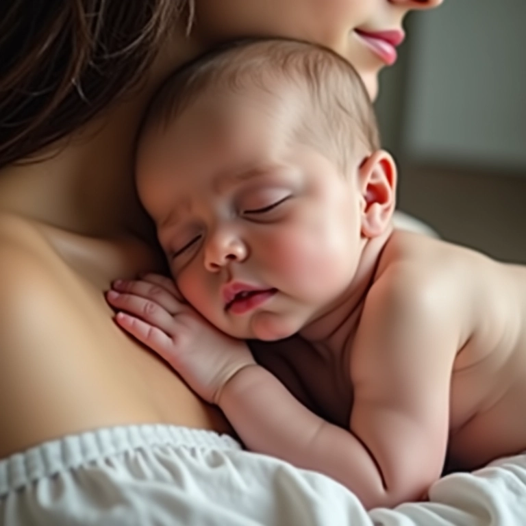 Bebê recém-nascido dormindo no peito da mãe, representando o desenvolvimento do bebê no primeiro ano.