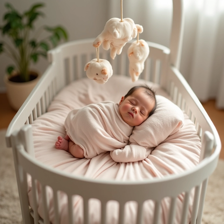 Bebê recém-nascido dormindo tranquilamente em berço aconchegante.