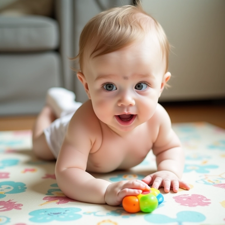 Bebê tentando alcançar um brinquedo colorido, incentivando o desenvolvimento motor.