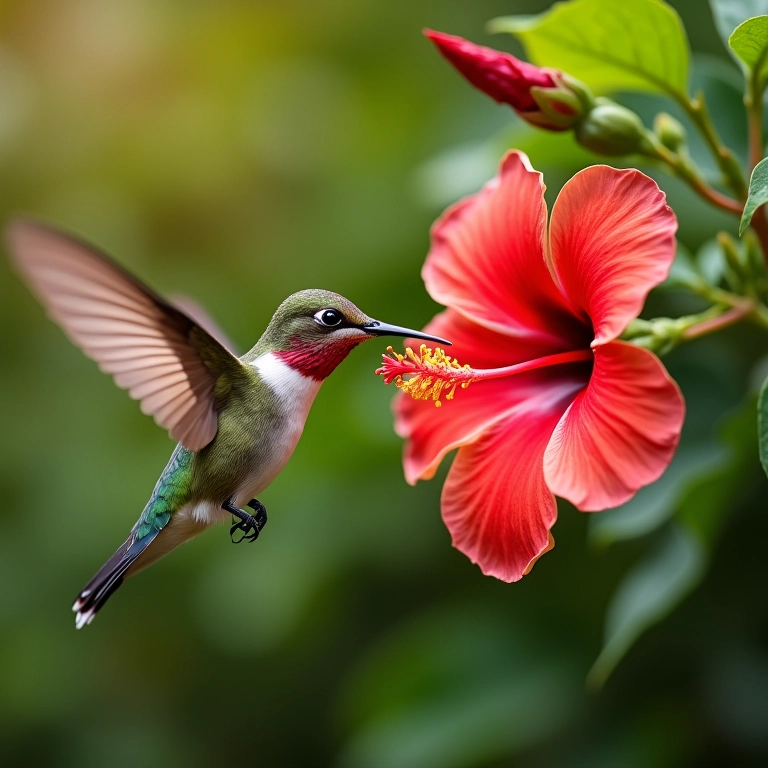 Beija-flor se alimentando em hibisco, simbolizando a busca pela alegria e beleza na natureza.