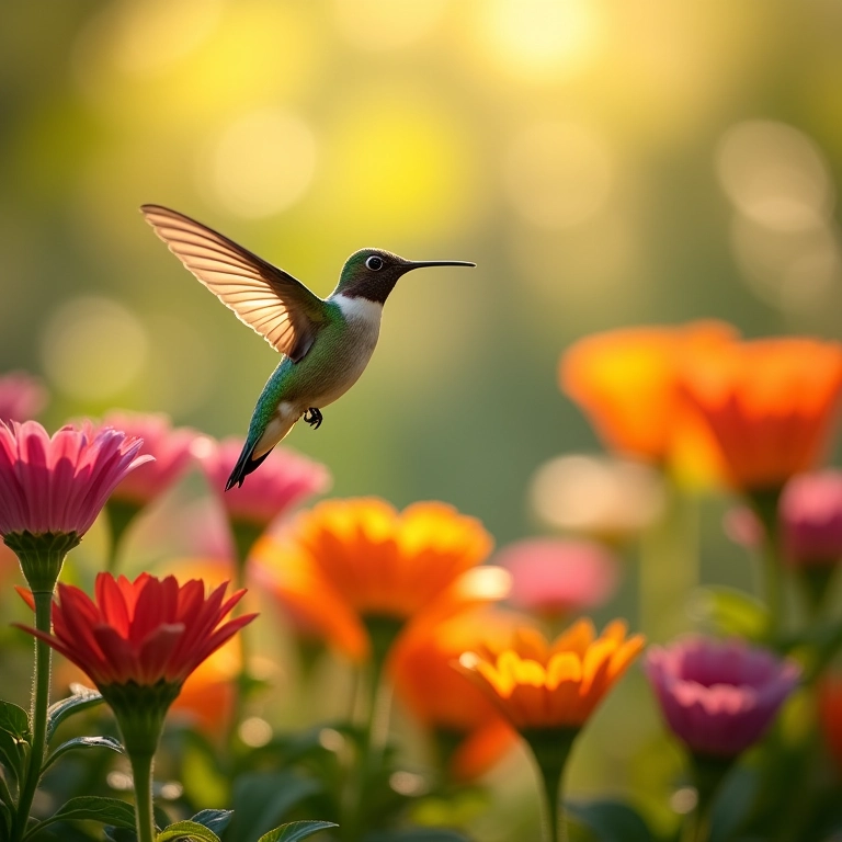 Beija-flor voando em jardim florido, representando a renovação de energias e vitalidade.