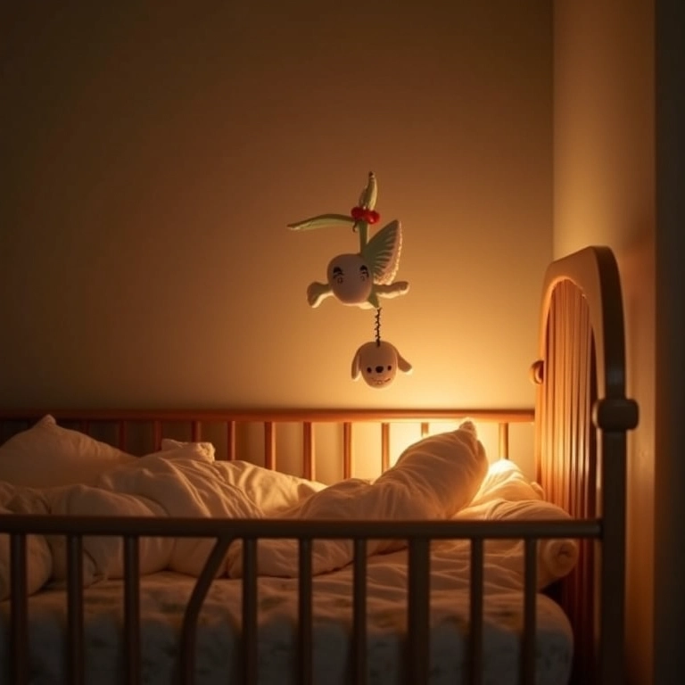 Berço de bebê aconchegante com móbile e luz noturna suave em quarto iluminado.