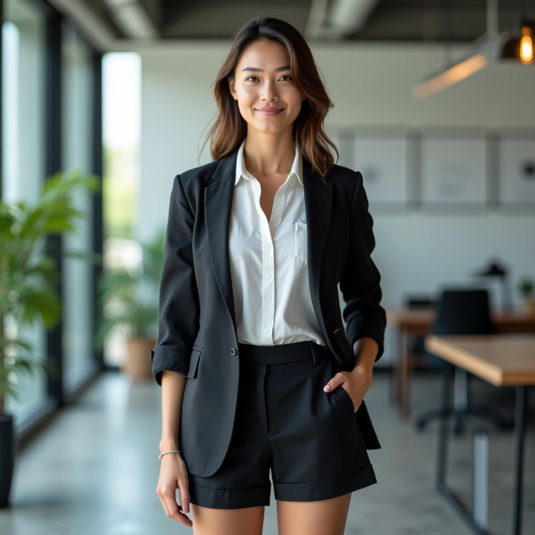 Bermuda de alfaiataria com blazer e camisa no trabalho.