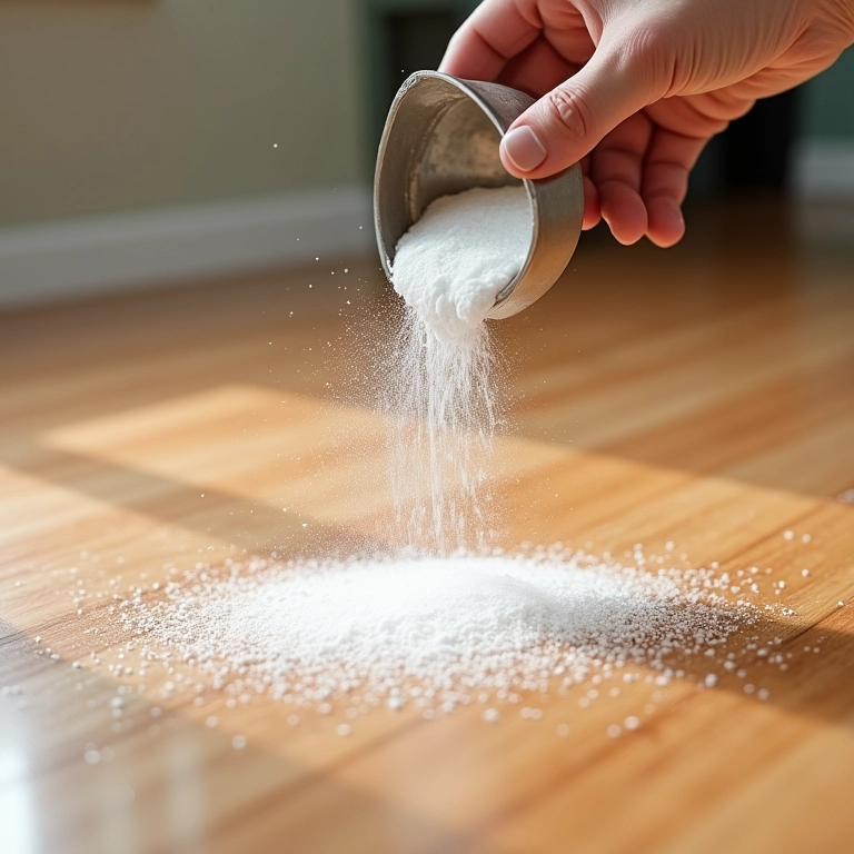 Bicarbonato de sódio sendo aplicado sobre uma mancha no piso laminado.