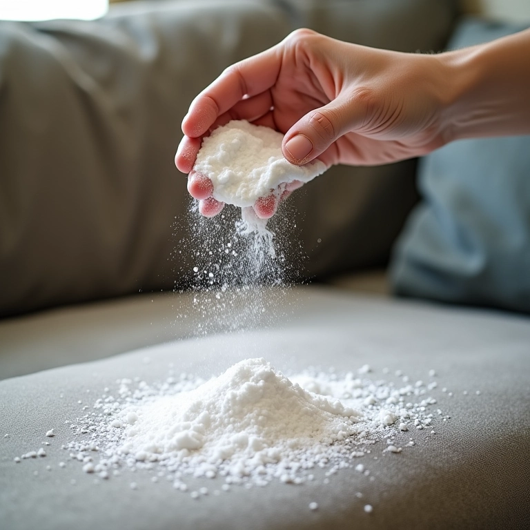 Bicarbonato de sódio sendo usado na limpeza de um sofá.