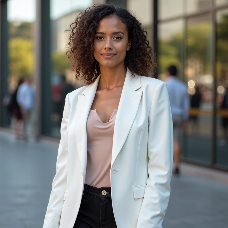 Blazer branco como terceira peça para elevar o look casual.