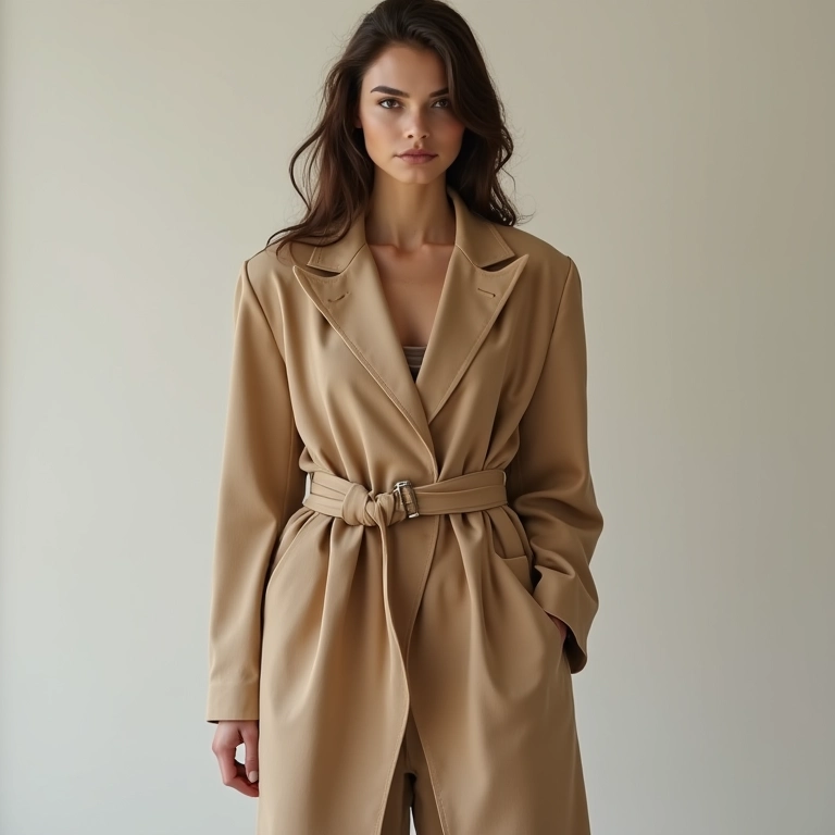 Blazer oversized acinturado com cinto, criando silhueta equilibrada.