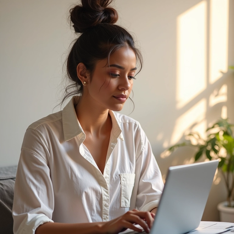 Blogueira de moda Acubi dando dicas de estilo em um quarto iluminado.