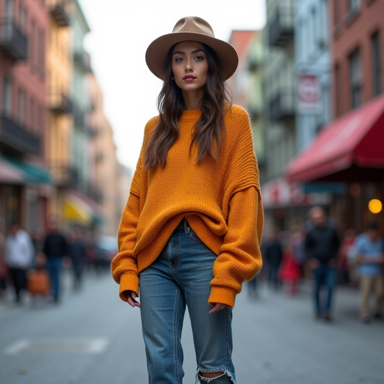 Blogueira de moda street style com chapéu Hatter, suéter oversized e tênis.