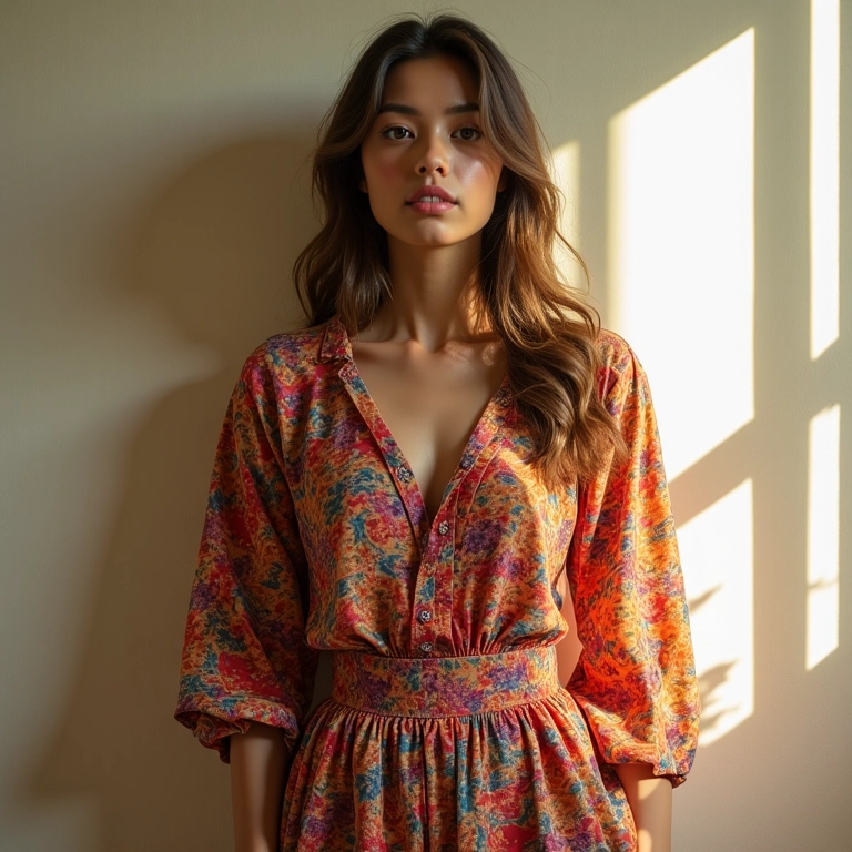 Blusa estampada e colorida pendurada contra uma parede neutra.