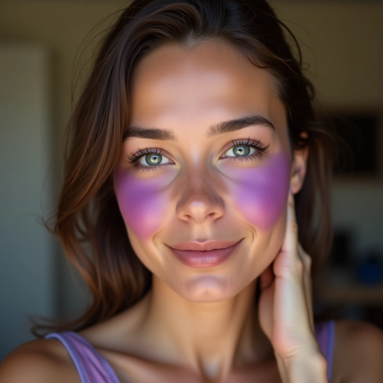 Blush roxo em mulher, pele radiante, estilo Farm Rio.