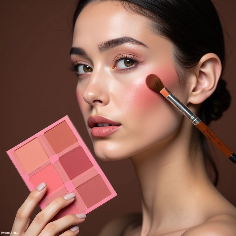 Blush sendo aplicado na bochecha de uma mulher, destacando a cor e a saúde do rosto.