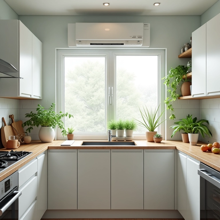Boa ventilação em cozinha de canto com janela aberta e plantas.