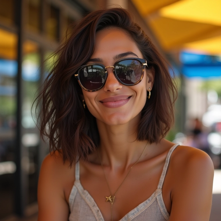 Bob assimétrico em mulher brasileira em café.