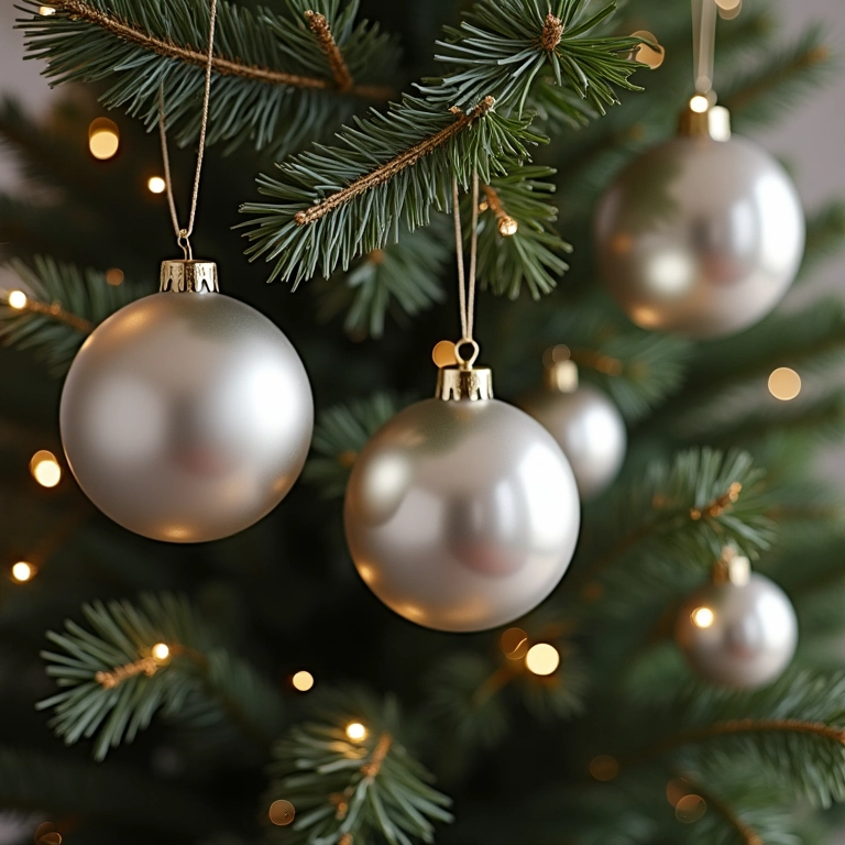 Bolas prateadas penduradas na árvore de Natal, simbolizando elegância e modernidade.