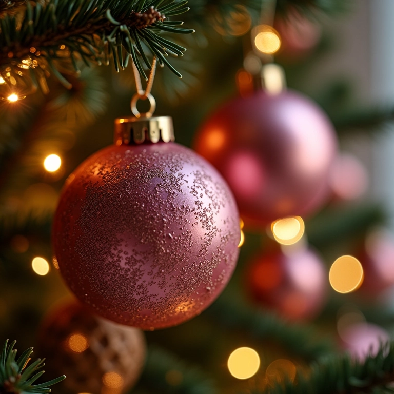 Bolas rosas na árvore de Natal, simbolizando amor e ternura.