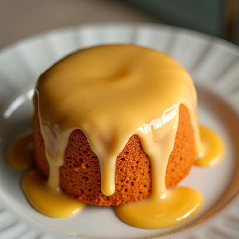 Bolo caseiro com calda brilhante escorrendo delicadamente.