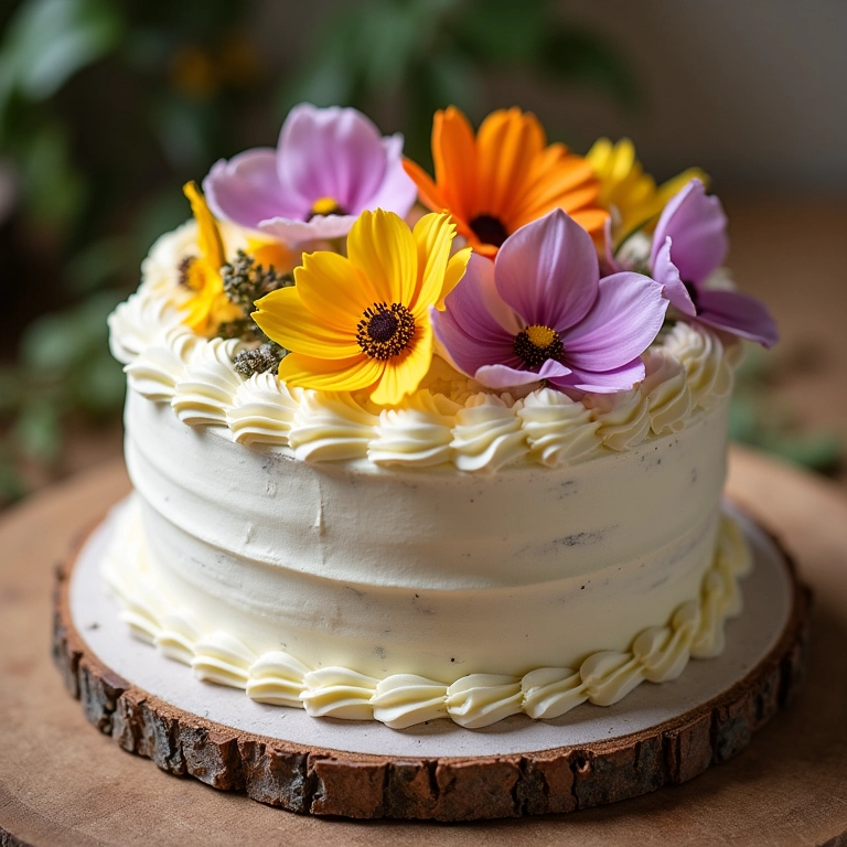 Bolo caseiro decorado com flores comestíveis delicadas.