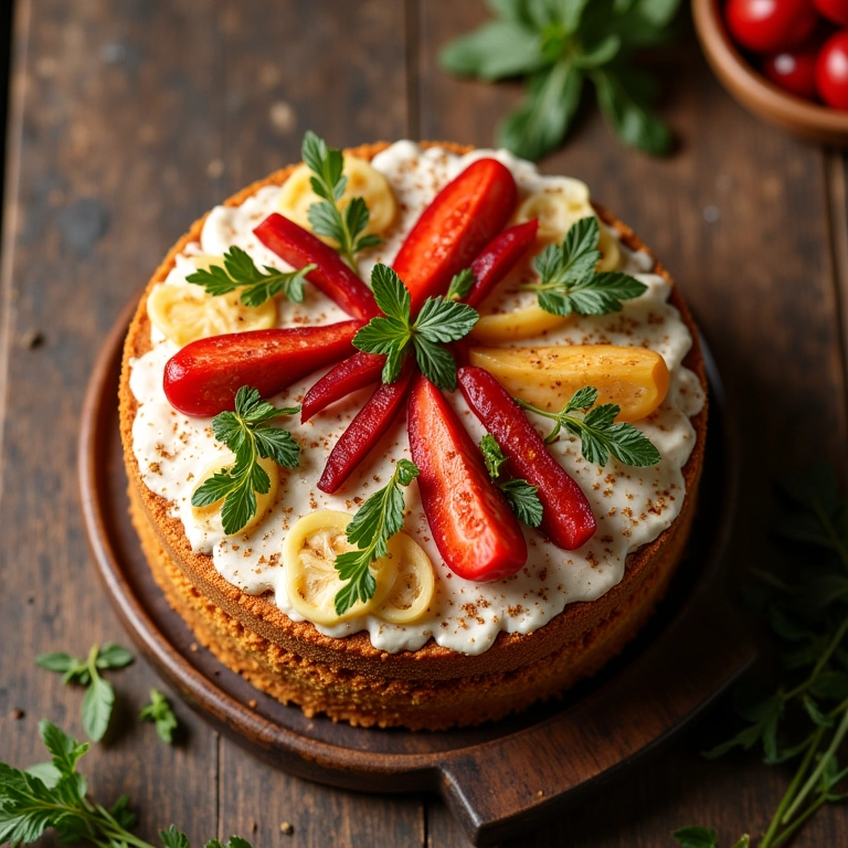 Bolo caseiro decorado com frutas, chocolate e flores em mesa de madeira rústica.