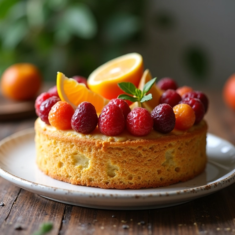 Bolo caseiro decorado com morangos, kiwis e amoras frescas.