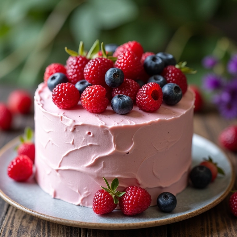 Bolo com cobertura de buttercream e frutas vermelhas.
