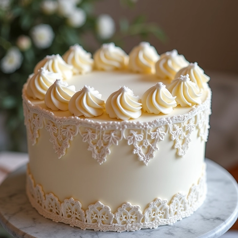Bolo com detalhes em renda, transmitindo elegância e sofisticação.