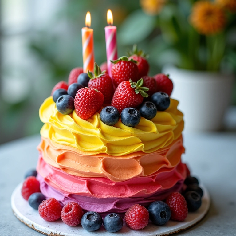 Bolo de aniversário vibrante com cobertura de buttercream e frutas vermelhas.