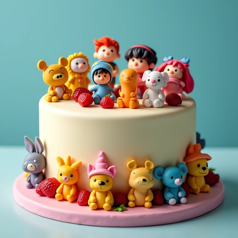 Bolo decorado com tema de personagens infantis.