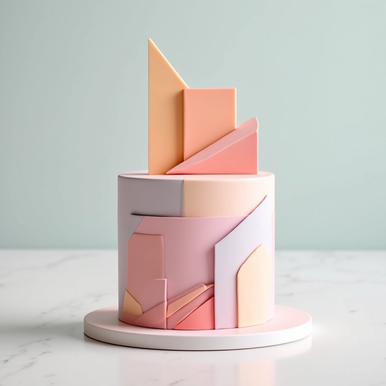 Bolo geométrico moderno com linhas arrojadas e cores vibrantes.