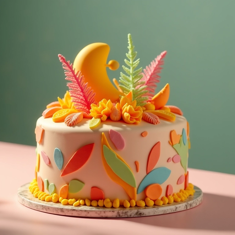 Bolo temático dos anos 70 com padrões ousados.