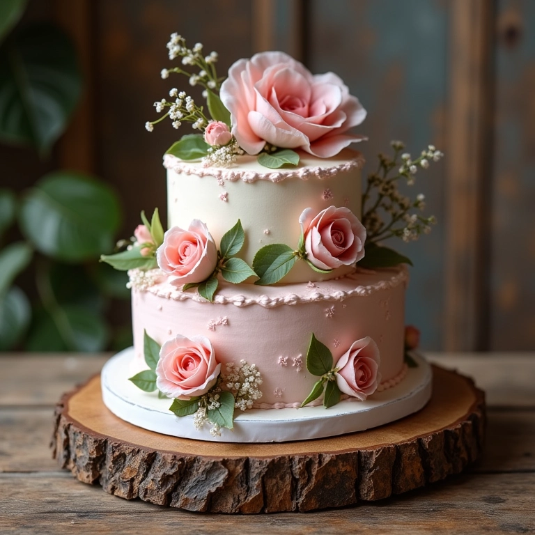 Bolo vintage decorado com flores e cores pastéis.